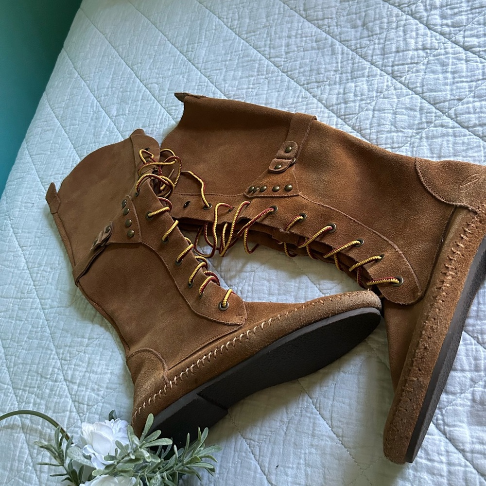Peace Mocs Lace Up Suede Leather Boho Hippie Tall Moccasin Boots 7 - Picture 4 of 14